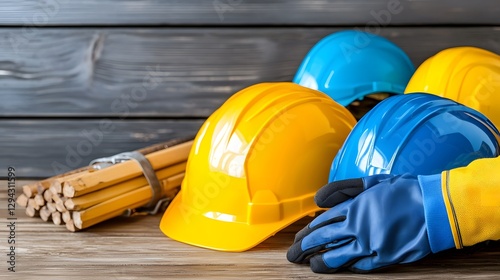 Safety Gear for Engineers Closeup of Sharpened Colors and Double Exposure Silhouettes Featuring Protective Helmets and Gloves