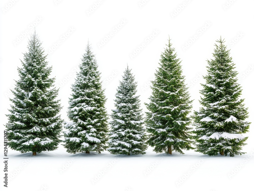 Fototapeta premium Five Evergreen Trees in Winter Snowscape Isolated on White Background for Festive Holiday Season