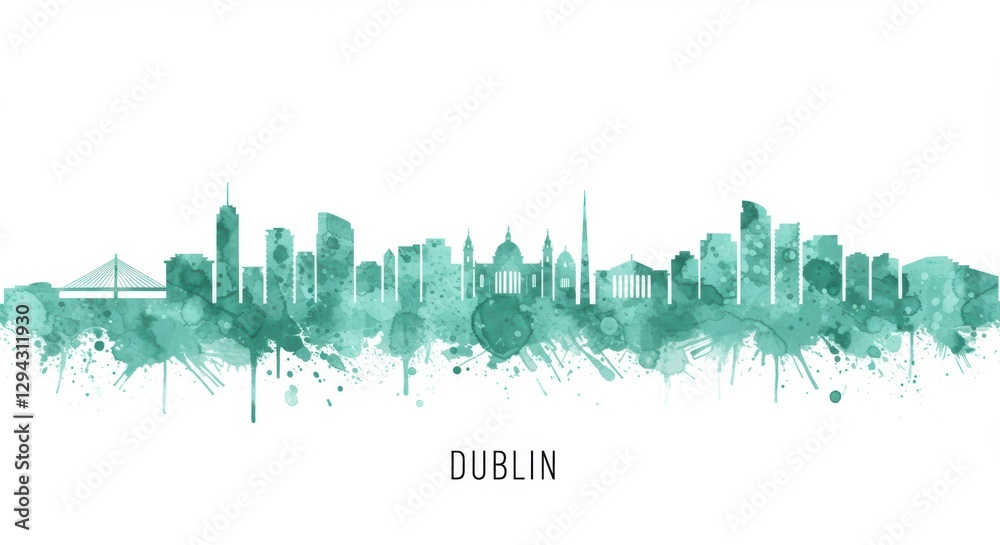 Fototapeta premium Watercolor skyline art of dublin city with iconic landmarks silhouette