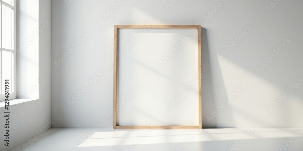 Empty light wood frame against a bright white wall in a sunlit room Empty light wood frame against a bright white wall in a sunlit room