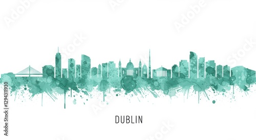 Watercolor skyline art of dublin city with iconic landmarks silhouette