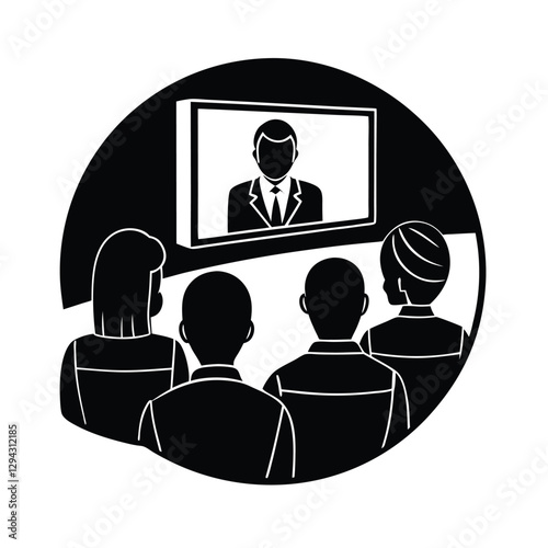 Modern corporate team silhouette attentively observes virtual presentation with focused analytical attention