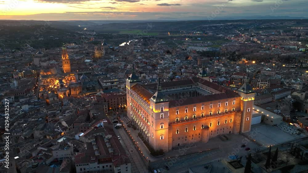 Toledo night view, drone shot of Spanish city of Toledo, medieval city of Toledo in Castile-La Mancha, aerial view of Toledo in Spain