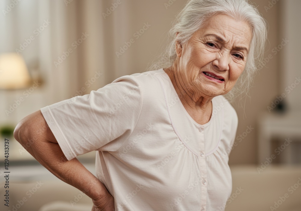 Elderly woman experiencing back pain in a cozy living room setting Elderly woman experiencing back pain in a cozy living room setting