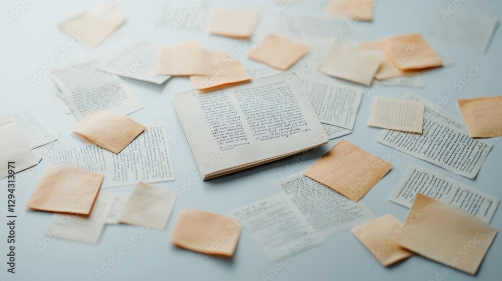 Obraz premium Vintage Papers, Open Book, and Sticky Notes on a Light Background
