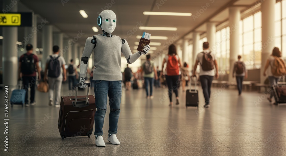 Fototapeta premium Robot adventurer navigating airport with suitcase and passport, embracing future travel trends