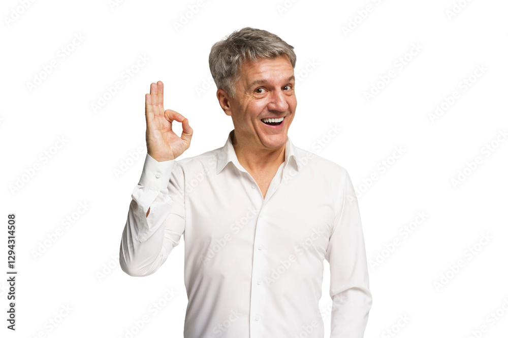Smiling older man making an okay gesture with his hand while wearing a white shirt in a bright setting Smiling older man making an okay gesture with his hand while wearing a white shirt in a bright setting