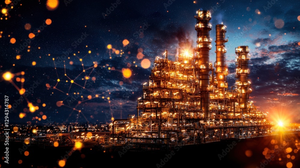 Obraz premium Illuminated petrochemical refinery complex with towering storage tanks and chimney stacks against a dramatic night sky with glowing lights and reflections in the cityscape below