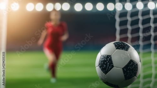 Soccer Ball Approaching Goal with Player in Action at Stadium photo