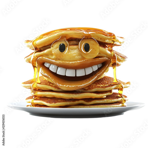 Stack of Pancakes with Happy Face Drizzled in Syrup ,transparent background