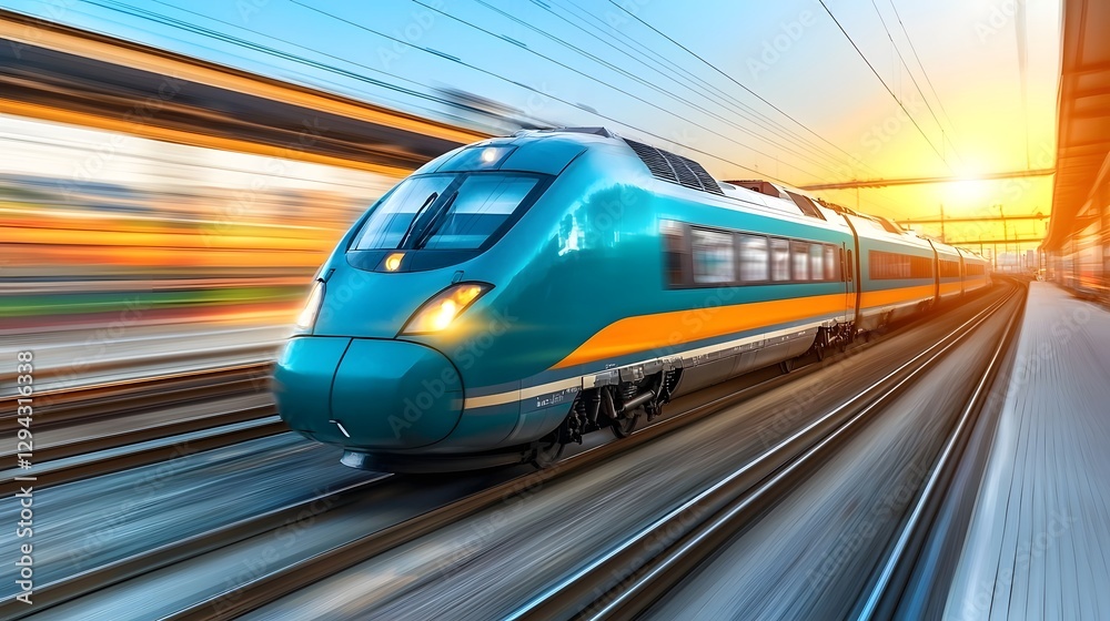 Fototapeta premium A high speed train zooming through a bustling city with futuristic self sustaining buildings and advanced transportation systems