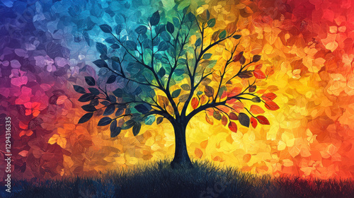 vibrant illustration of tree with colorful leaves, set against gradient background, showcasing spectrum of hues from blue to red. scene is lively and artistic