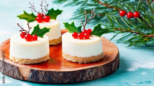 Wallpaper Mural Festive mini cheesecakes with holly garnish on wooden platter Torontodigital.ca