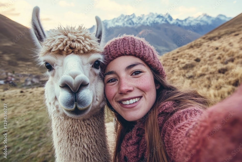 Obraz premium A happy woman takes a selfie with a fluffy alpaca in a mountainous landscape.