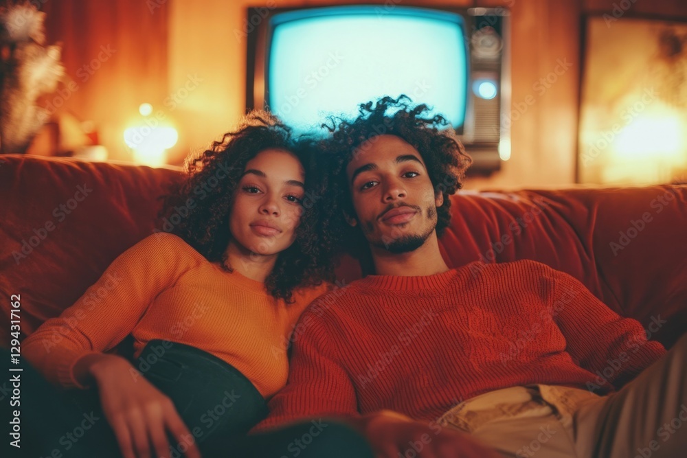 A young couple cuddles on a couch in a retro-styled living room, enjoying a relaxing evening together. A young couple cuddles on a couch in a retro-styled living room, enjoying a relaxing evening together.