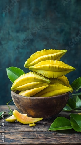 Fresh Yellow Starfruit in Wooden Bowl Rustic Still Life