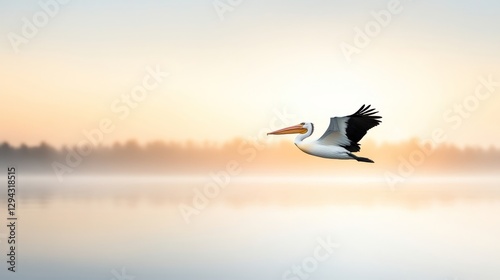 Flying Pelican Over Calm Water at Sunrise with Soft Horizon Light