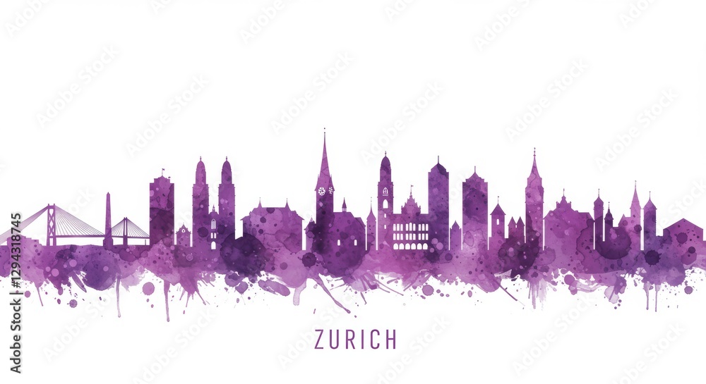 Obraz premium Purple watercolor zurich skyline silhouette with landmarks on white background
