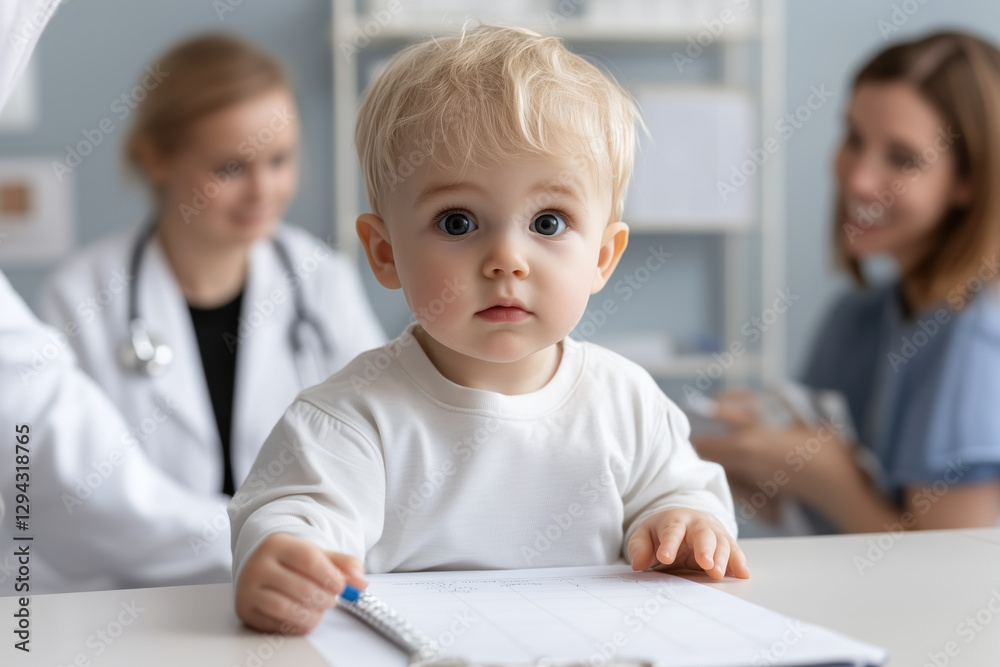 young child sitting at table, looking curiously at camera while holding pen and notepad. In background, two adults are engaged in conversation, creating warm and caring atmosphere young child sitting at table, looking curiously at camera while holding pen and notepad. In background, two adults are engaged in conversation, creating warm and caring atmosphere