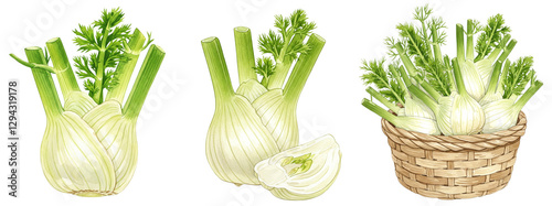 Fresh green fennel in whole, sliced, and basket, watercolour style clipart collection, isolated on a transparent background