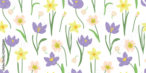 Spring meadow flowers vector illustration seamless pattern. Modern hand drawn crocus, tulips, snowdrops, daffodils and camomile clip art background for books, stationery, banners and social media
