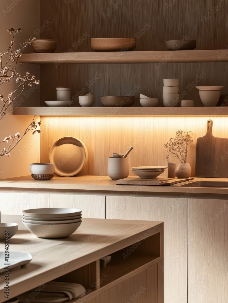 Obraz premium Contemporary kitchen displays wooden vessels on shelves and tabletop