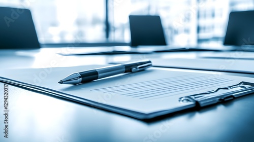 Close up view of a professional desk in a corporate office setting featuring various communication tools and documents arranged in a clean organized manner  The minimal