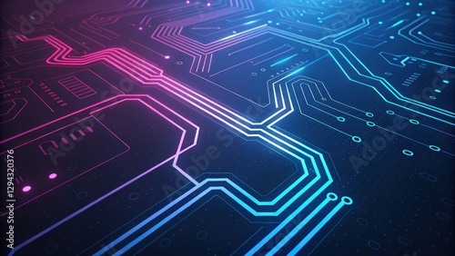 Futuristic microchip with neon pink and blue circuit lines, symbolizing advanced technology, AI, and digital connectivity. Modern tech innovation and cyber concept
