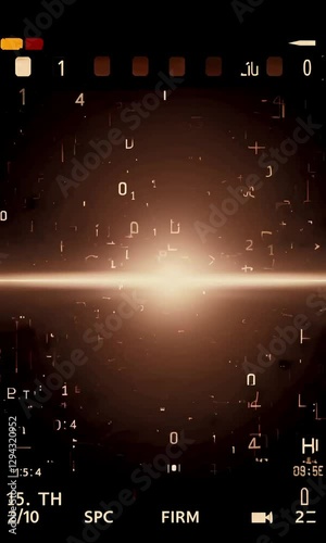 Futuristic digital data burst with vintage film overlay and binary code elements
