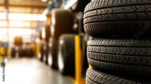 Stacked tires in a well-lit warehouse with yellow shelving units