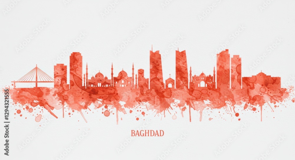 Fototapeta premium Baghdad skyline: artistic watercolor silhouette featuring iconic landmarks