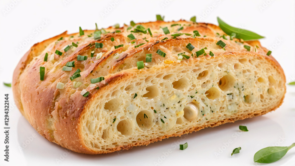 A piece of bread with a golden brown crust is topped with chopped green herbs. A piece of bread with a golden brown crust is topped with chopped green herbs.