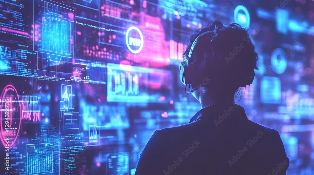 Person wearing headphones immersed in digital data visualization in a futuristic tech environment Person wearing headphones immersed in digital data visualization in a futuristic tech environment