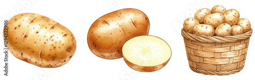 Fresh potatoes in whole, sliced, and basket, watercolour style clipart collection, isolated on a transparent background