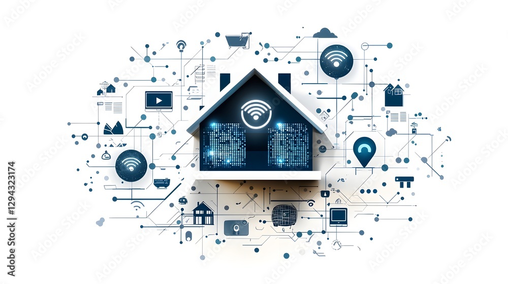 Obraz premium Cutting Edge Digital Nomad Smart Home Blueprint Showcasing AI Powered Workspace Automated Energy Saving Systems and Tech Advanced Minimalist Design