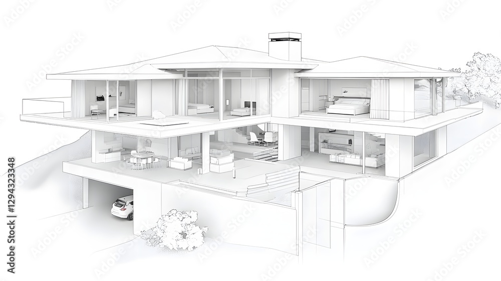 Fototapeta premium Cutting Edge Modular Smart Home with Expandable Rooms Self Sustaining Energy Sources and Advanced Security Systems in 45 Degree Perspective