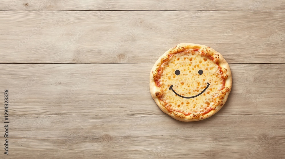 Cheerful Smiley Face Pizza On Wooden Table Background For Food Prints Cheerful Smiley Face Pizza On Wooden Table Background For Food Prints