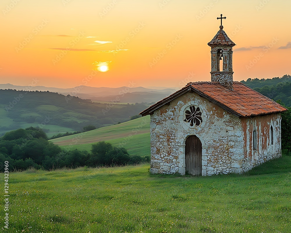 Fototapeta premium Hilltop Chapel Sunset Landscape