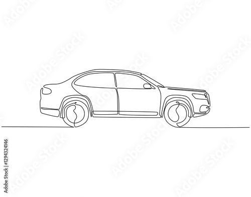 Continuous line drawing of car in side view. Single line illustration of modern city car. Transportation, modern vehicle outline. Editable outline