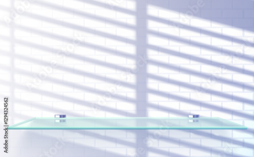 Realistic glass shelf on ceramic white tile. Vector illustration of bathroom interior design with shadow overlay. Shadow of blind from window. Mosaic backdrop. Reflected from jalousie on wall