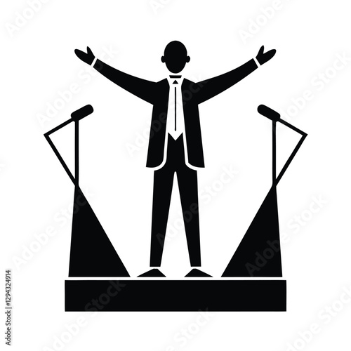 Inspiring presenter on stage with open arms welcoming enthusiastic audience in event
