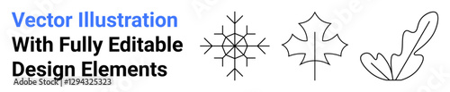 Snowflake, maple leaf, and feather in clean line art style. Ideal for seasonal themes, nature concepts, craft designs, branding, logos, vector art digital prints flat landing page banner