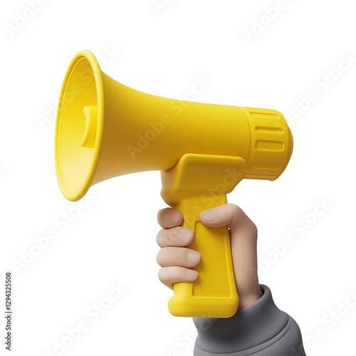 A yellow microphone is being held up by a person isolated on a transparent background
