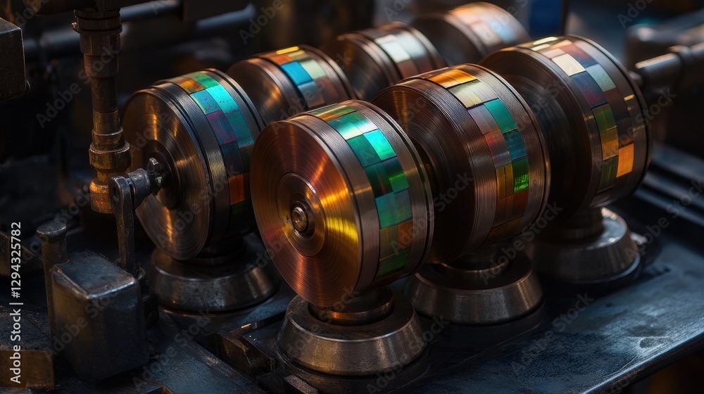 Obraz premium Close-Up of Vibrant Ink Rollers Transferring Colors in Printing Press