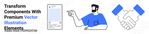Man pointing at a smartphone layout, handshake illustrating partnership, cooperation, connection. Ideal for technology, teamwork, innovation, mobile app design, collaboration digital communication