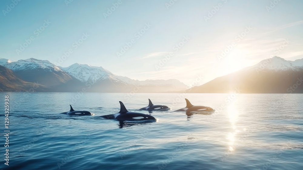 Fototapeta premium Majestic Orcas Swimming in Serene Ocean at Sunrise with Mountains