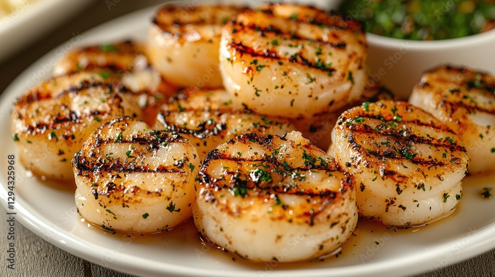 Grilled scallops on plate with sauce and background of food Grilled scallops on plate with sauce and background of food