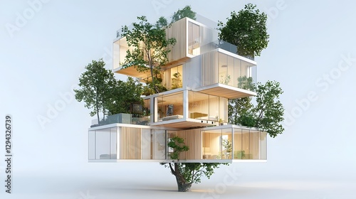 Eco Friendly 3D Wireframe Treehouse Smart Home with Integrated Solar Panels AI Assisted Irrigation and Natural Ventilation Control for Sustainable Living