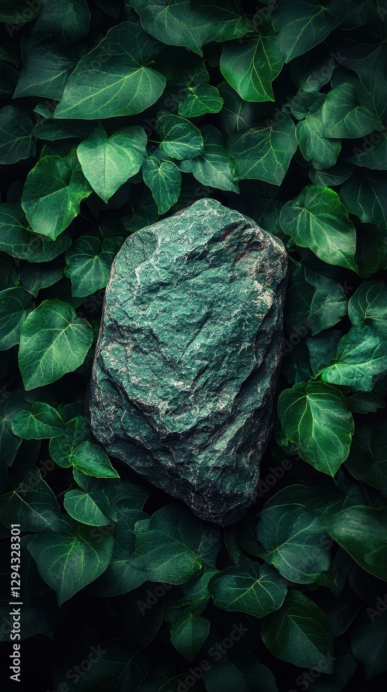 Fototapeta premium Emerald Stone Nestled in Lush Green Ivy Foliage Creating a Natural and Serene Composition for Backgrounds and Textures