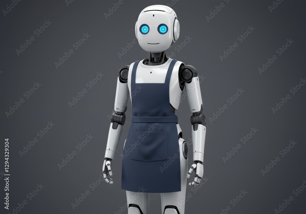 Friendly robot in apron ready for work in futuristic setting Friendly robot in apron ready for work in futuristic setting